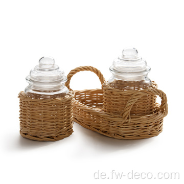 Rattan verpackte Platte und 2pcs Mason Jarglas